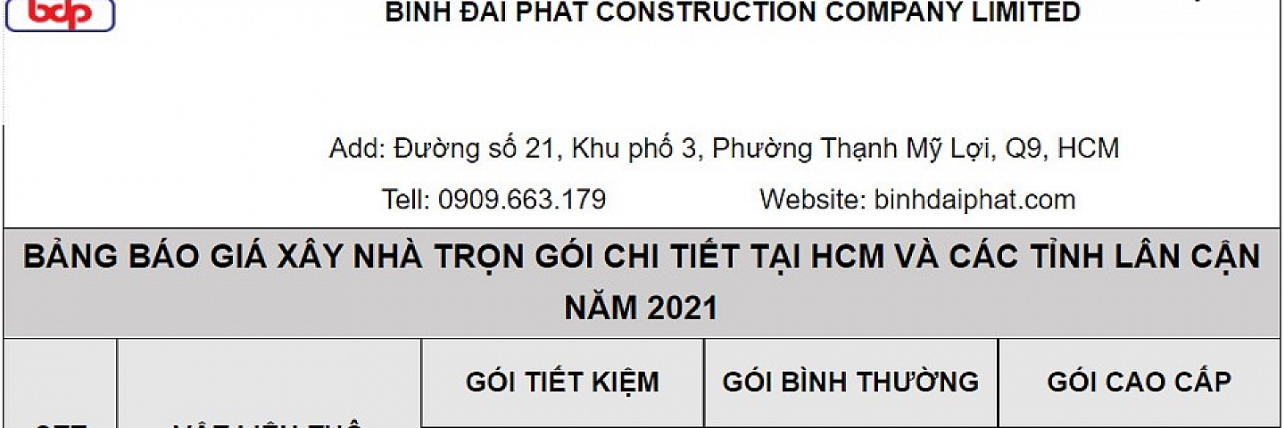 Bảng báo giá thi công trọn gói và vật tư kèm theo báo giá mới nhất 2023