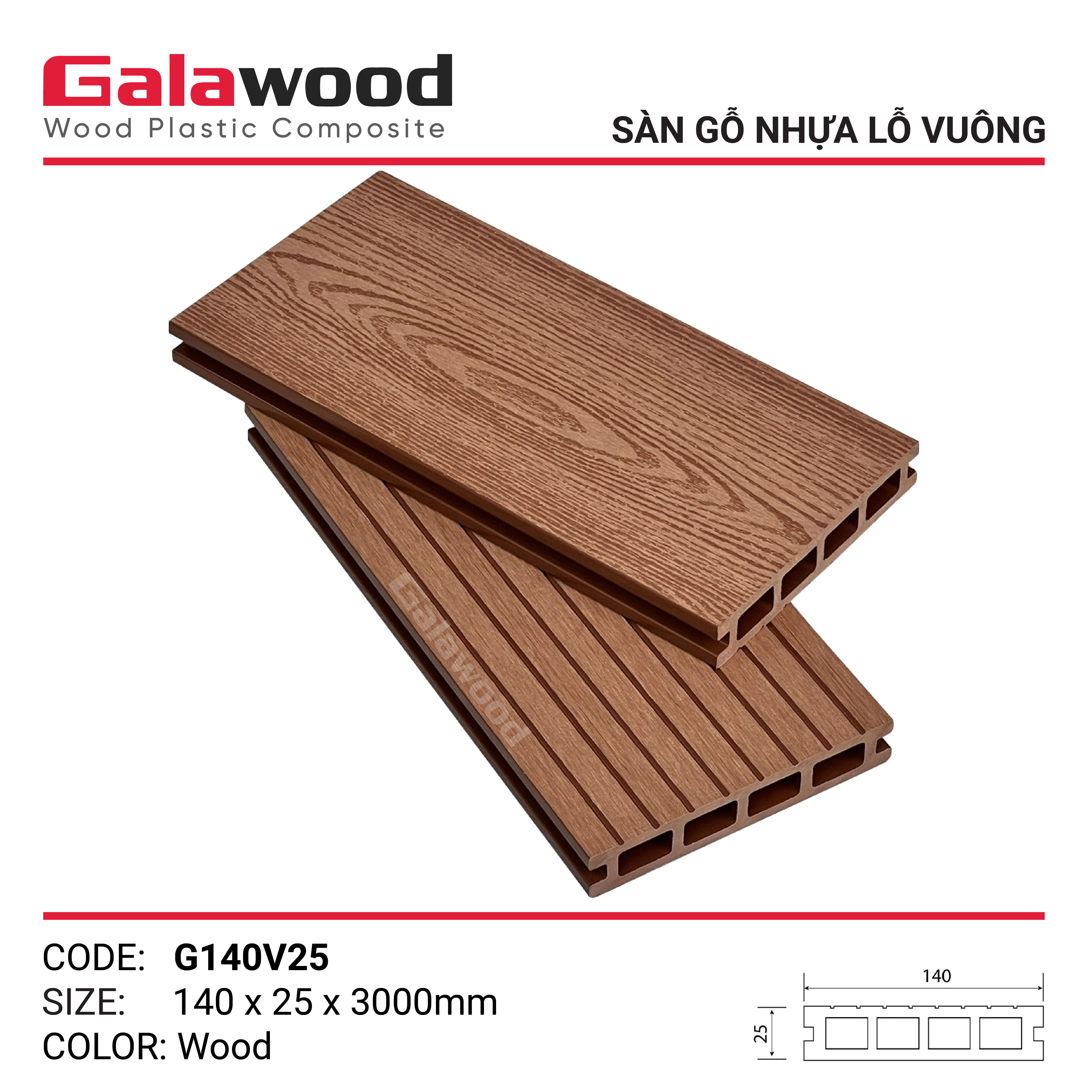 G140V25 SÀN NHỰA LỔ VUÔNG-WOOD